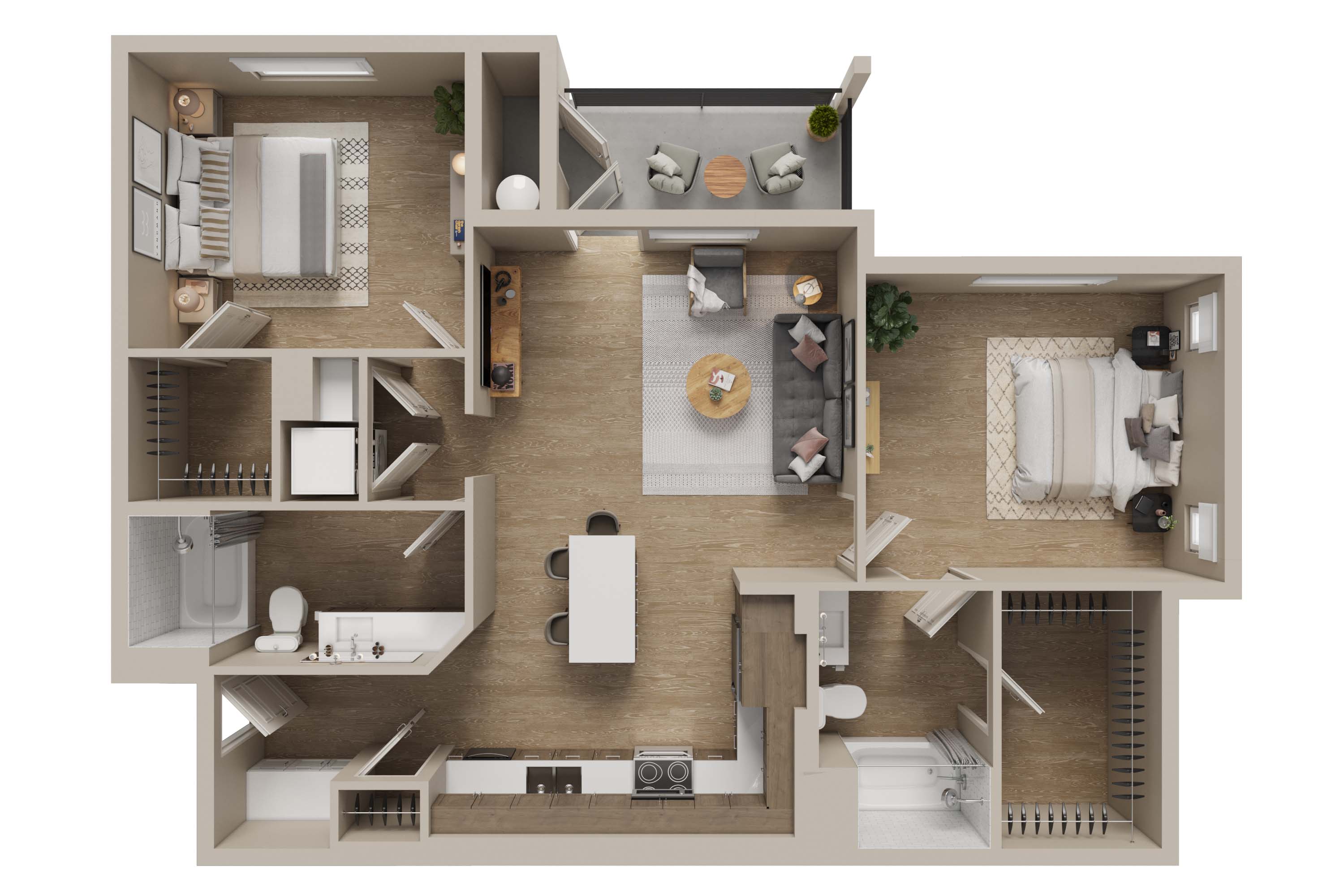 Floor plan for 2 beds, 2 baths, 1121 sqft